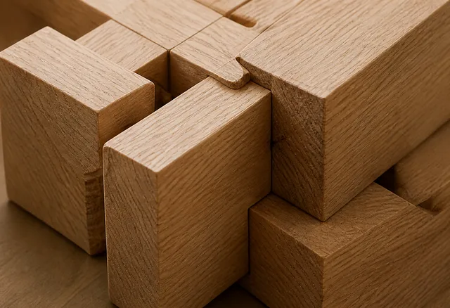 Pièces de chêne montrant un assemblage tenon-mortaise