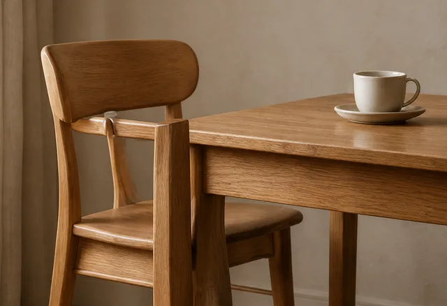 Chaise et table en chêne avec une tasse