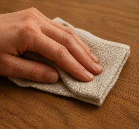 Main nettoyant un plateau en bois avec un chiffon
