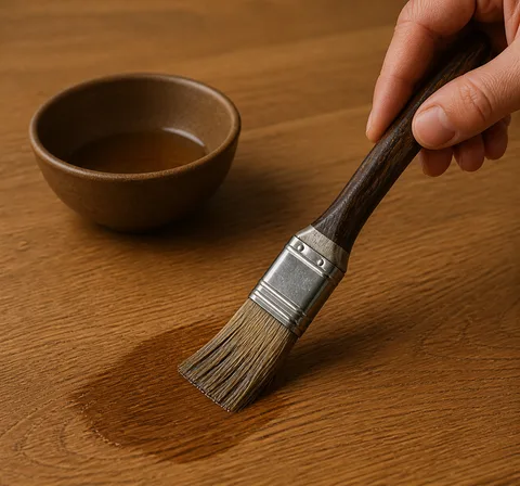 Pinceau appliquant une huile sur du chêne