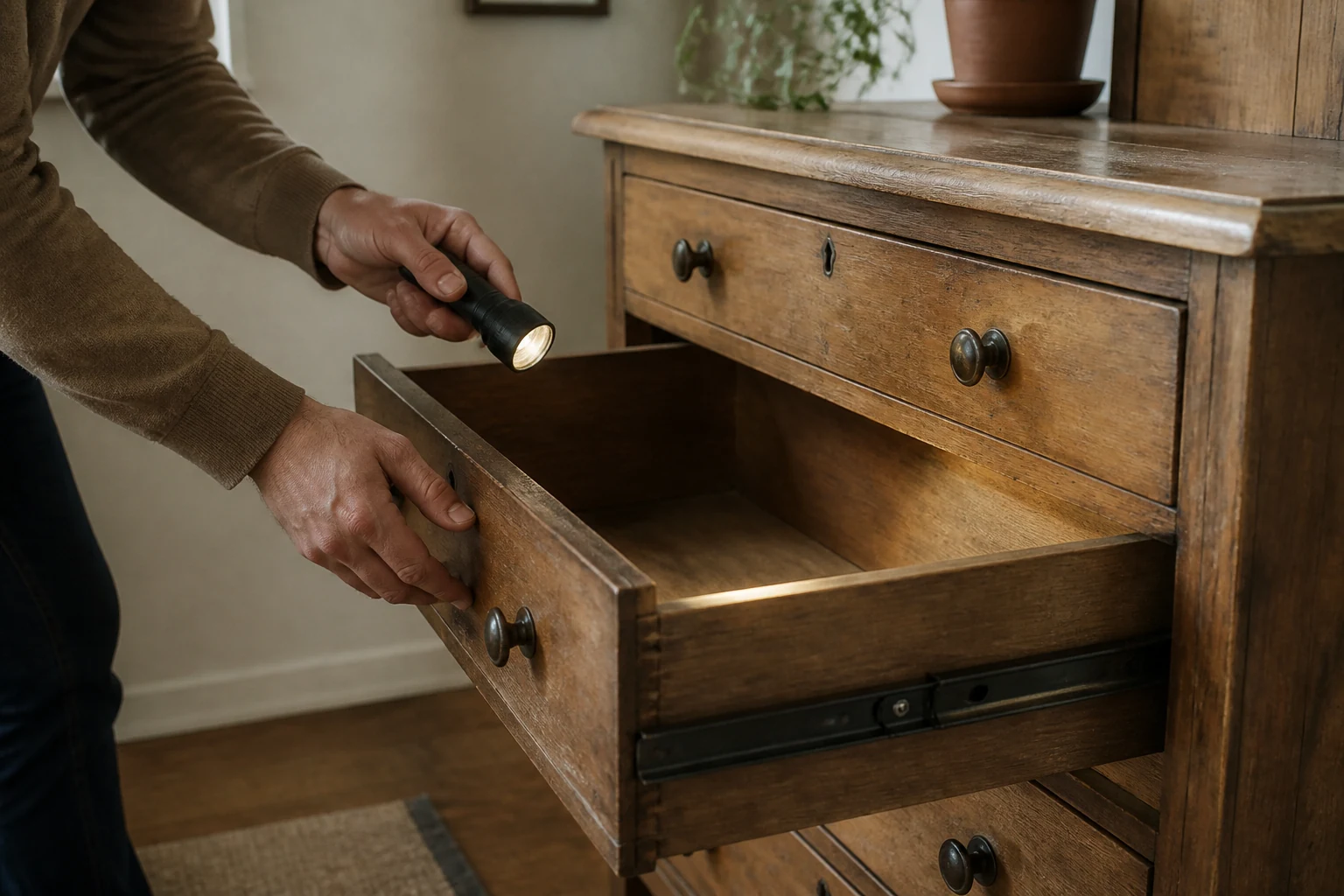 Mains examinant le tiroir ouvert d’une commode ancienne en bois patiné