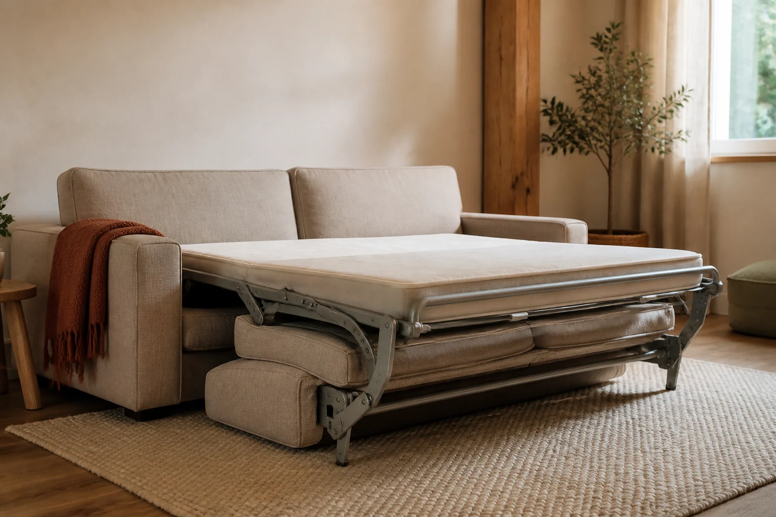 Canapé convertible en tissu clair à moitié déplié montrant son mécanisme dans un salon
