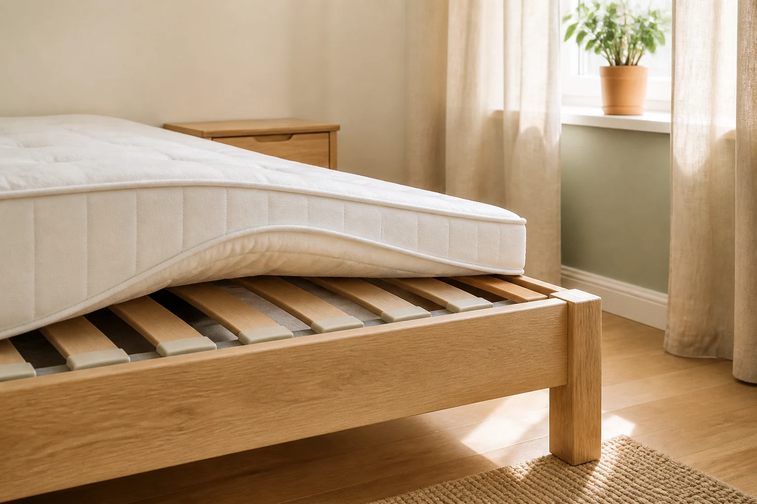 Matelas posé sur un sommier à lattes dans une chambre claire aux tons naturels