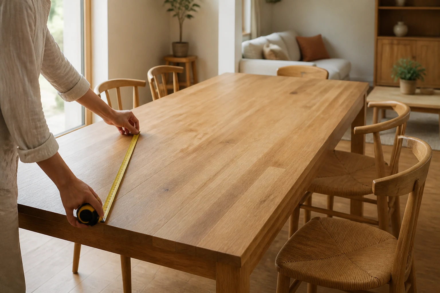 Table de salle à manger en chêne mesurée au mètre ruban dans une pièce claire