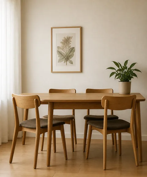 Salle à manger claire meublée en chêne